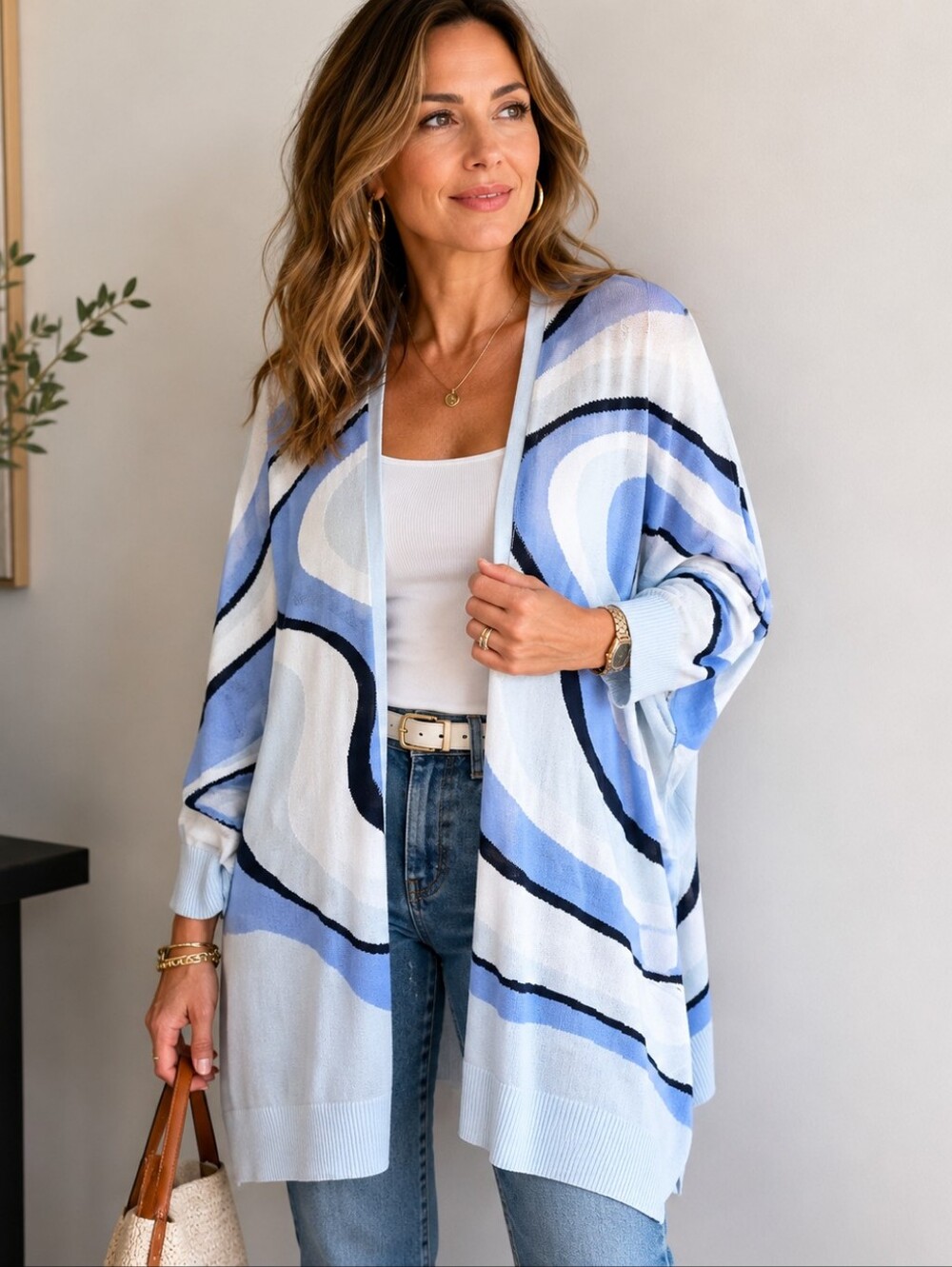 Chicos Long Cardigan Sweater Blue Geode Swirl Lightweight Size 0 (S) Coastal NWT